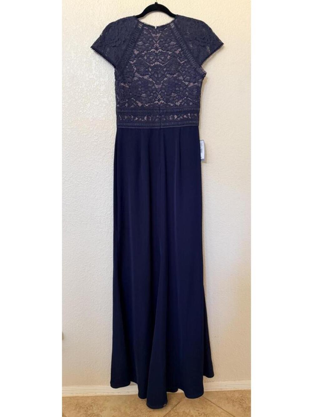 Tadashi Shoji Navy Lace-Top Floor-Length Gown with Cap Sleeves - Picture 9 of 13